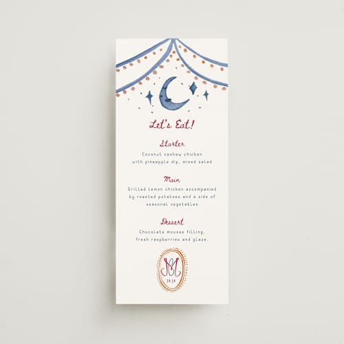 This is a sky menu cards with standard by The Fig Studio called whimsical illustrated menu printing on signature in 4x9