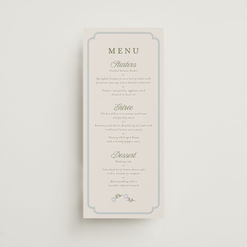 This is a robin’s egg menu cards with standard by Kampai Designs called memories printing on signature in 4x9