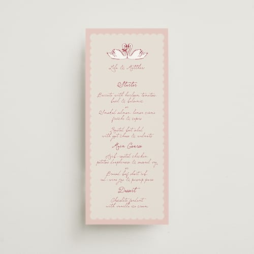 This is a scarlet menu cards with standard by Lucrecia Caporale called swan love printing on signature in 4x9