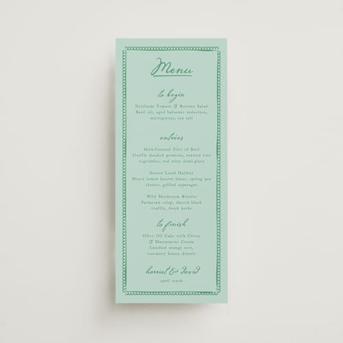 This is a monet menu cards with standard by Kamala Nahas called impressionist printing on signature in 4x9