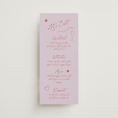 This is a lavender menu cards with standard by Kelly Watkins called whimsical printing on signature in 4x9