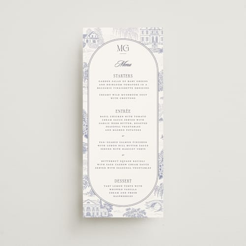 This is a periwinkle menu cards with standard by Jenna Holcomb called southern charm toile printing on signature in 4x9