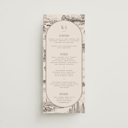 This is a antique menu cards with standard by Jenna Holcomb called new york toile printing on signature in 4x9