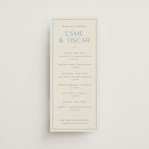 This is a cerulean ceremony reception essentials with standard by Ellen Schlegelmilch called brooklyn printing on signature in 4x9