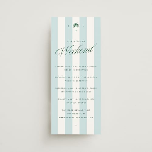 This is a low tide ceremony reception essentials with standard by Susan Zinader called palm stripes printing on signature in 4x9