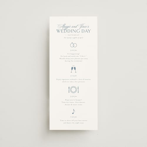 This is a dusty blue ceremony reception essentials with standard by Jennifer Postorino called coastal charm printing on signature in 4x9