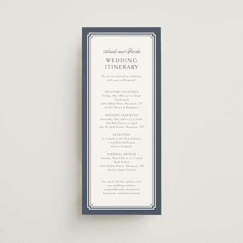 This is a french blue ceremony reception essentials with standard by Jennifer Postorino called ariah printing on signature in 4x9