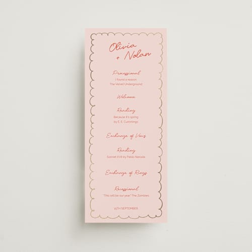 This is a sangria spark unique wedding programs with foil pressed by Zove Ahhh called party on! printing on signature in 4x9
