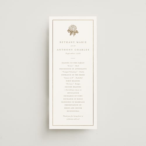 This is a cotton unique wedding programs with foil pressed by Stacey Meacham called hydrangea bloom printing on signature in standard