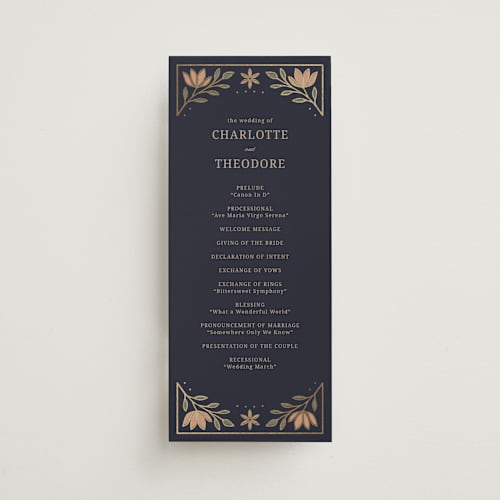 This is a navy unique wedding programs with foil pressed by Jess Rosa Beck called botanical tapestry printing on signature in standard