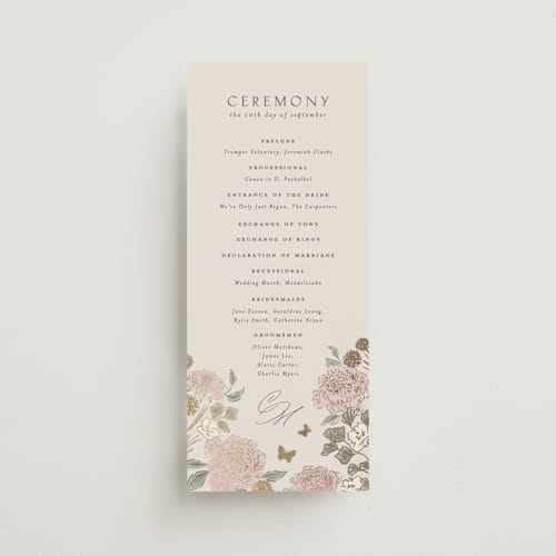 This is a blush meadow unique wedding programs with foil pressed by Grae called dancing in the garden printing on signature in standard