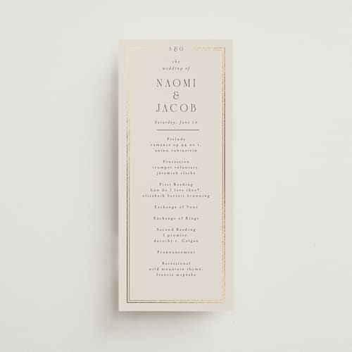 This is a champagne unique wedding programs with foil pressed by Nicole Walsh called grace printing on signature in standard