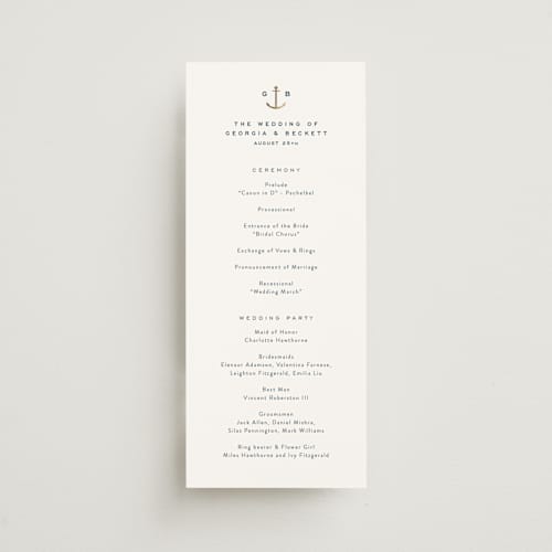 This is a royal navy unique wedding programs with foil pressed by Olivia Raufman called anchored printing on signature in standard