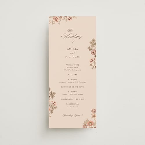This is a chocolate unique wedding programs with foil pressed by Paola Benenati called blooming path printing on signature in standard