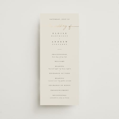 This is a linen unique wedding programs with foil pressed by Pippa Shaw called silk printing on signature in standard