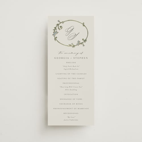 This is a bluebell unique wedding programs with foil pressed by Jen Owens called grandeur printing on signature in standard