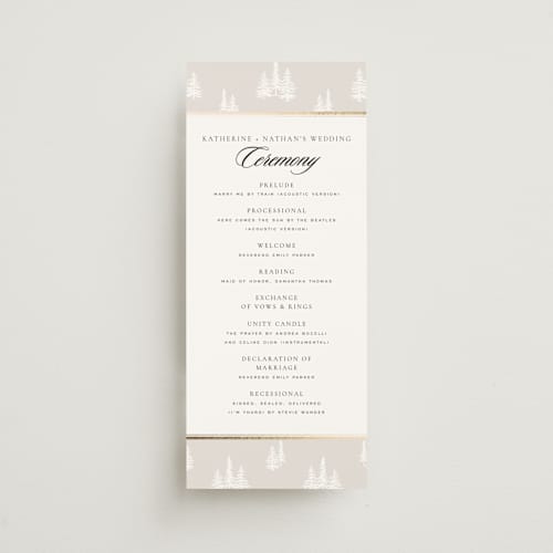 This is a snow unique wedding programs with foil pressed by Stacy Maalouf called gilded forest printing on signature in standard