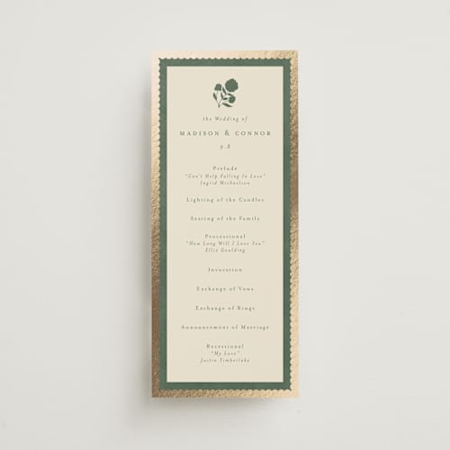 This is a rosemary unique wedding programs with foil pressed by Emily Betts called vintage oval printing on signature in standard