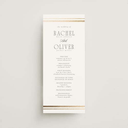 This is a pearl unique wedding programs with foil pressed by Nicole Walsh called side stripe printing on signature in standard