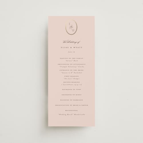 This is a rose quartz unique wedding programs with foil pressed by Emily Betts called scallop monogram printing on signature in standard
