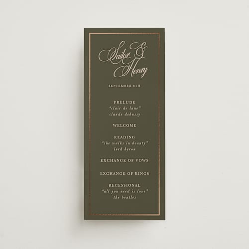 This is a midnight forest unique wedding programs with foil pressed by Morgan Kendall called playbill printing on signature in standard