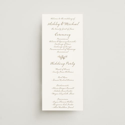 This is a ivory unique wedding programs with foil pressed by Cass Loh called boho flower crest printing on signature in standard