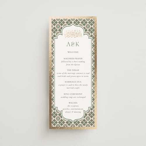 This is a evergreen unique wedding programs with foil pressed by Oma N. Ramkhelawan called kareem printing on signature in standard