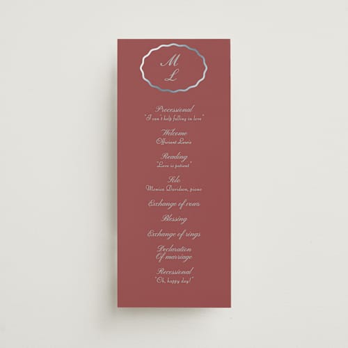 This is a burgundy unique wedding programs with foil pressed by Baumbirdy called scallop frame printing on signature in standard