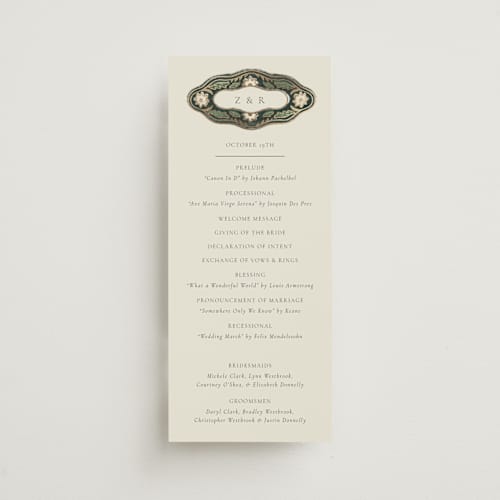 This is a emerald unique wedding programs with foil pressed by Jen Owens called frame printing on signature in 4x9