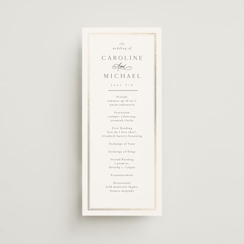 This is a cloud unique wedding programs with foil pressed by Nicole Walsh called lustre printing on signature in 4x9