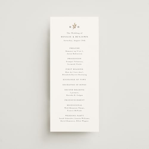This is a black dahlia unique wedding programs with foil pressed by Olivia Raufman called petite sprig printing on signature in 4x9