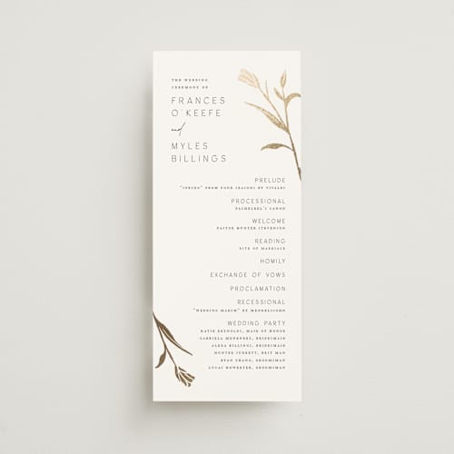 This is a cotton unique wedding programs with foil pressed by Amy Kross called perennial printing on signature in 4x9