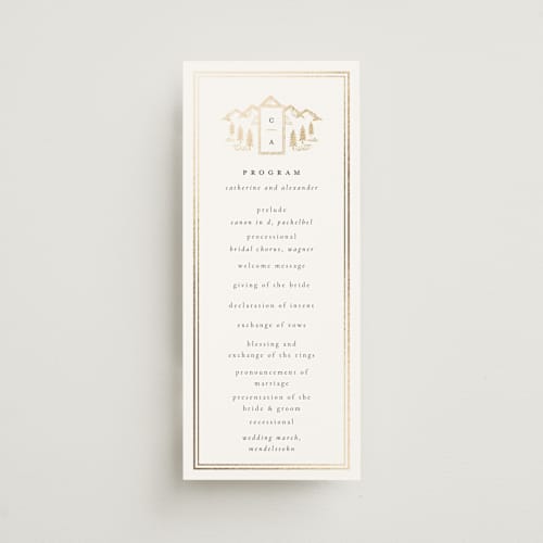 This is a quartz unique wedding programs with foil pressed by Ana de Sousa called summit serenity printing on signature in 4x9