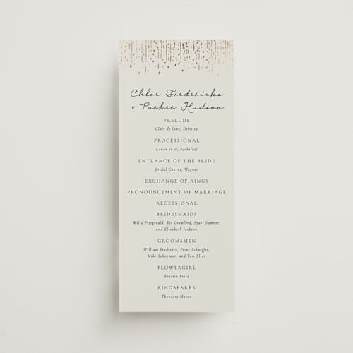 This is a noir unique wedding programs with foil pressed by Jackie Crawford called hand illustrated whimsical chandelier printing on signature in 4x9