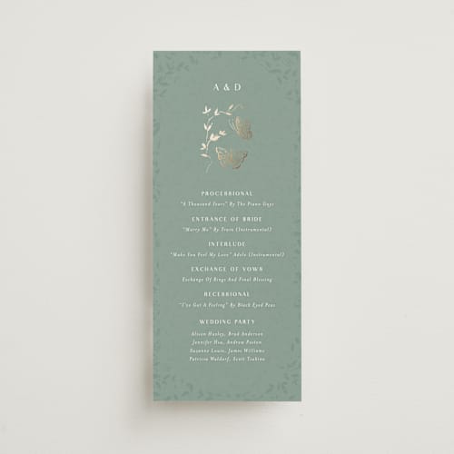 This is a eucalyptus unique wedding programs with foil pressed by Simona Camp called southern romance printing on signature in 4x9