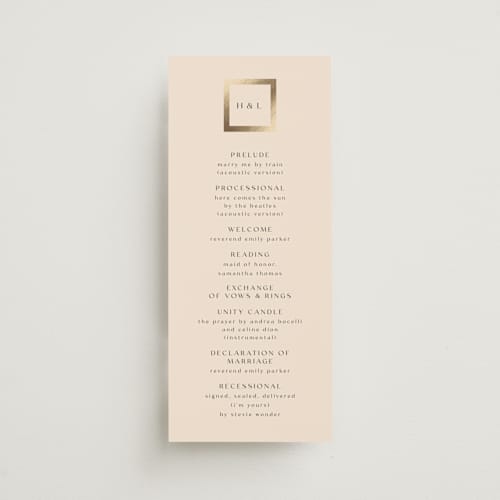 This is a latte unique wedding programs with foil pressed by Stacy Maalouf called framed photo printing on signature in 4x9