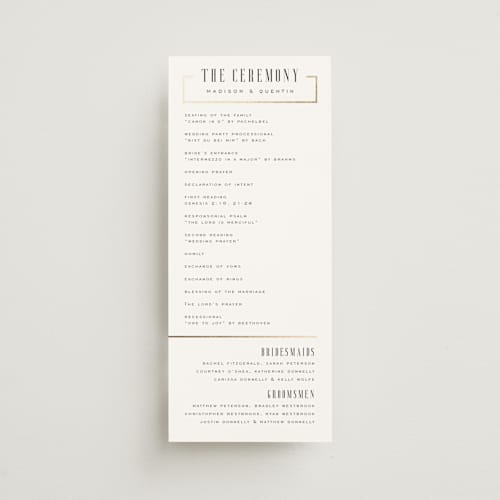 This is a lily unique wedding programs with foil pressed by Heather Schertzer called documentary printing on signature in 4x9
