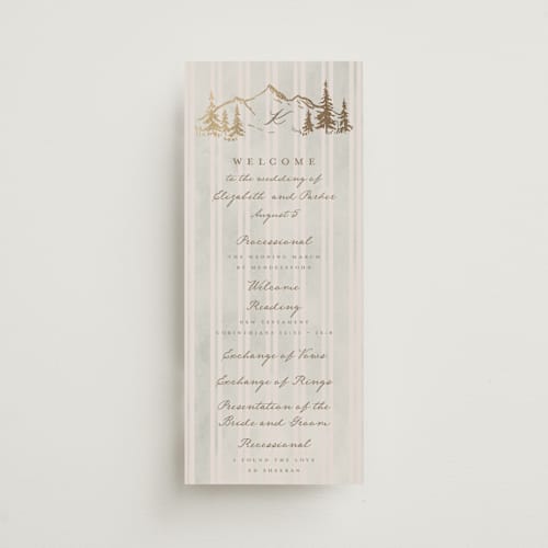 This is a dew unique wedding programs with foil pressed by Petra Kern called mountain love printing on signature in 4x9