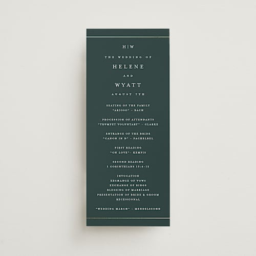 This is a forest unique wedding programs with foil pressed by Stacey Meacham called style and grace printing on signature in 4x9