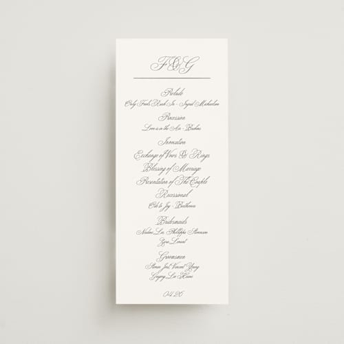 This is a sugar unique wedding programs with foil pressed by chocomocacino called toulomotiri printing on signature in 4x9