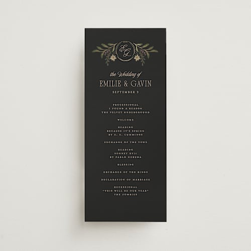 This is a noir unique wedding programs with foil pressed by Randi Cirelli called emilie printing on signature in standard