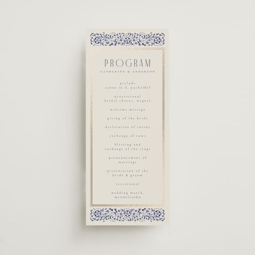 This is a dynasty blue unique wedding programs with foil pressed by Ana de Sousa called tiled romance printing on signature in standard