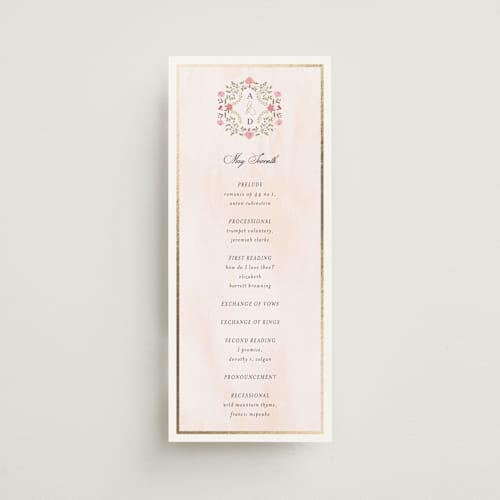 This is a peony unique wedding programs with foil pressed by Susan Moyal called embrace printing on signature in standard