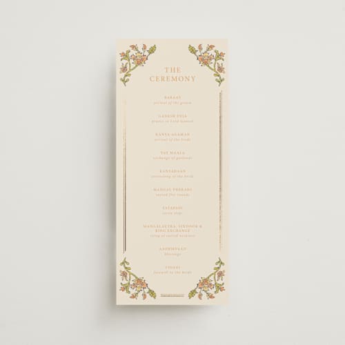 This is a ochre unique wedding programs with foil pressed by Hannah Bowman called marigold printing on signature in standard