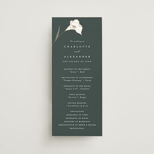 This is a forest unique wedding programs with foil pressed by Stacey Meacham called elegant lillies printing on signature in standard