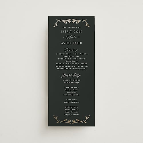 This is a onyx unique wedding programs with foil pressed by Nicoletta Savod called majesty printing on signature in standard