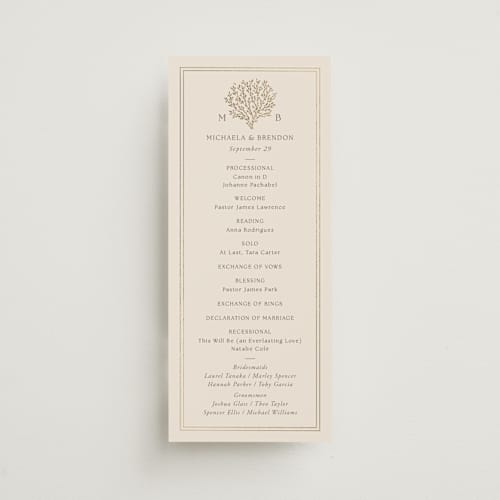 This is a champagne unique wedding programs with foil pressed by Griffinbell Paper Co. called seaside printing on signature in standard
