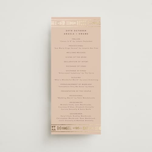 This is a sahara unique wedding programs with foil pressed by David Michuki called cultured element printing on signature in standard