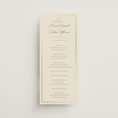 This is a champagne unique wedding programs with foil pressed by Deynaaz Daraei called ahlum printing on signature in standard
