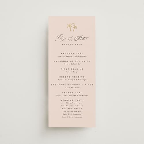 This is a blush unique wedding programs with foil pressed by Laura Hamm called tropical getaway printing on signature in standard